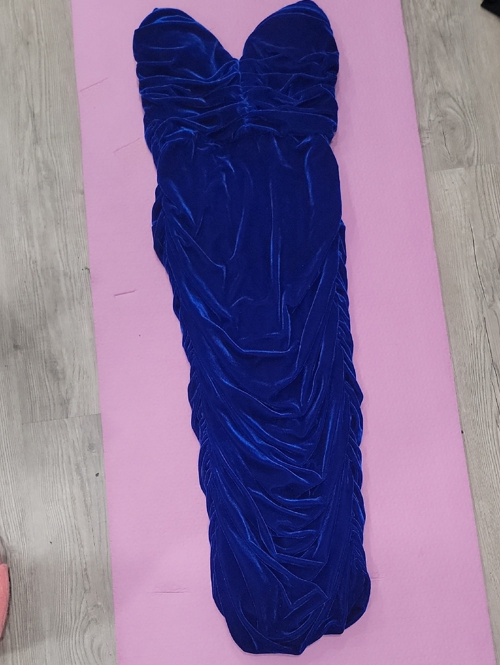Royal Blue Velvet Strapless Ruched Gown